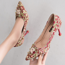 French girl High Heels net red wedding shoes red Xiuhe bridal shoes crystal rhinestone hipster rivets high heels fairy