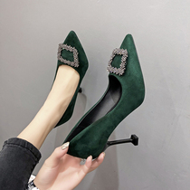 2021 new autumn temperament goddess fan wedding shoes pointed small heel cat single shoes rhinestone square buckle green high heels