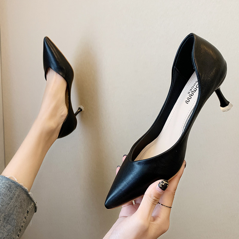 New all-match black high-heeled shoes female professional small fresh French girl pointed toe stiletto shoes to work work shoes