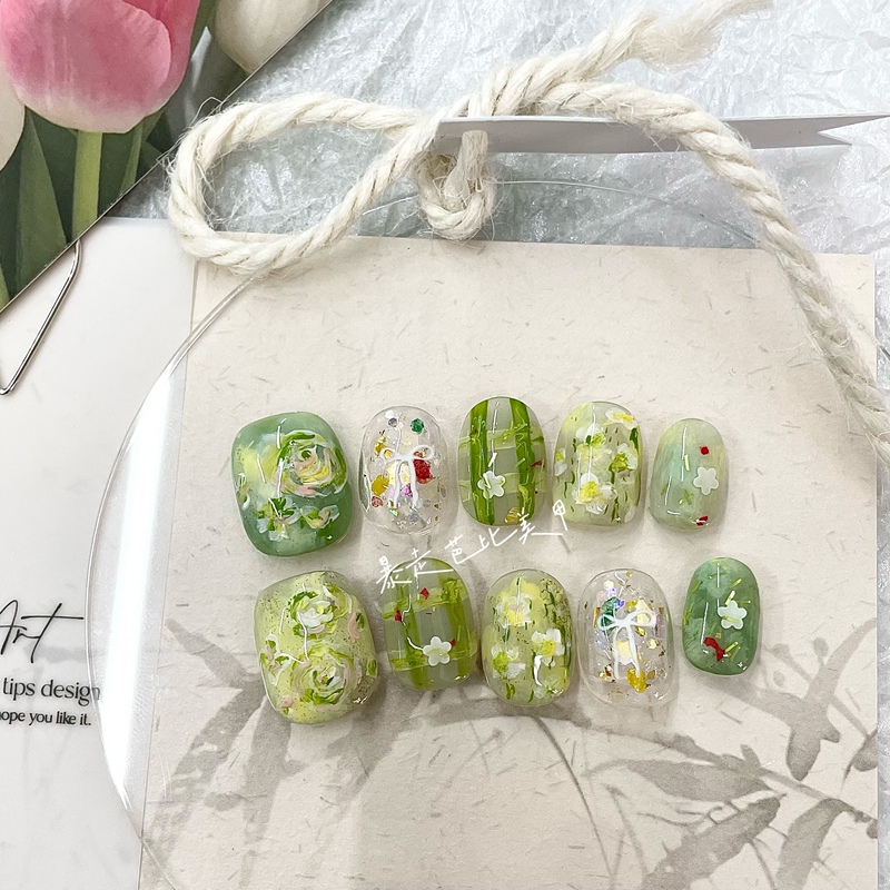 Niche Green Oil Painting Garden Handmade Press-On Nails, Plaid Sequin Bow Short Manicure, Versatile Finished Nail Pieces