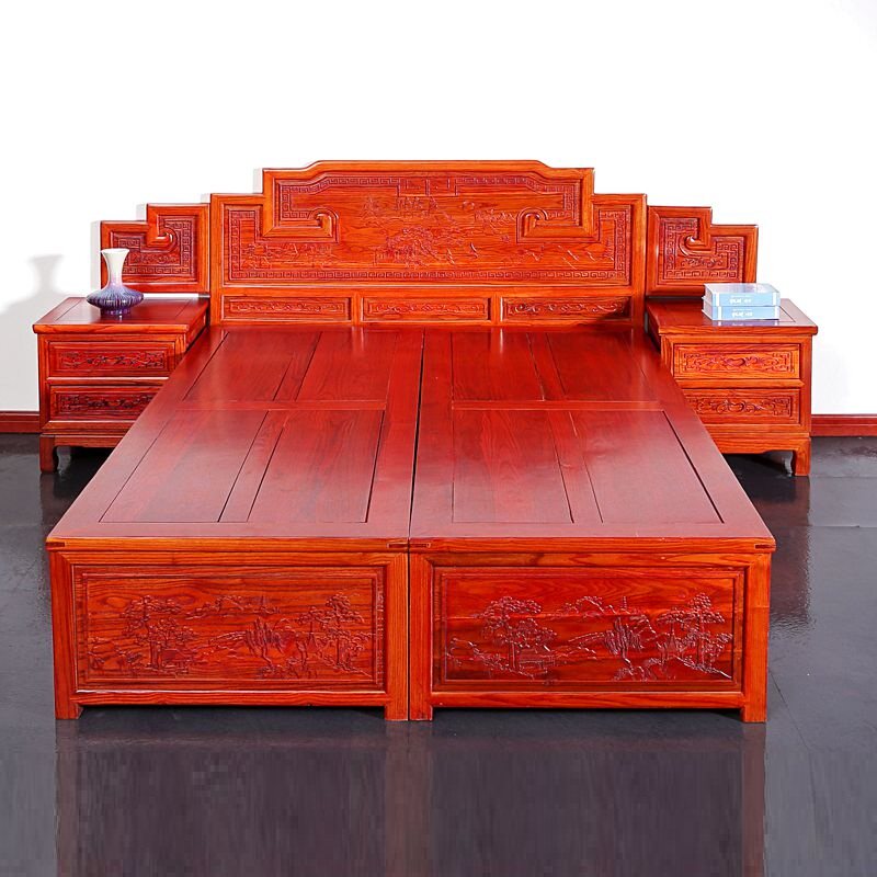 Yellow Red Pear Elm Elm Wood Hook Landscape Large Bed Solid Wood Storage Double Bed Imitation Ancient Chinese Style Box Body Shelf Bed