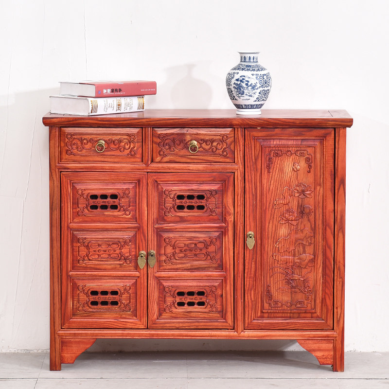 Red Flower Pear Antiquity Solid Wood Winery Restaurant Restaurant Elm Two Double Double-Double Chinese Flower Cabinet Classical Shoe Cabinet