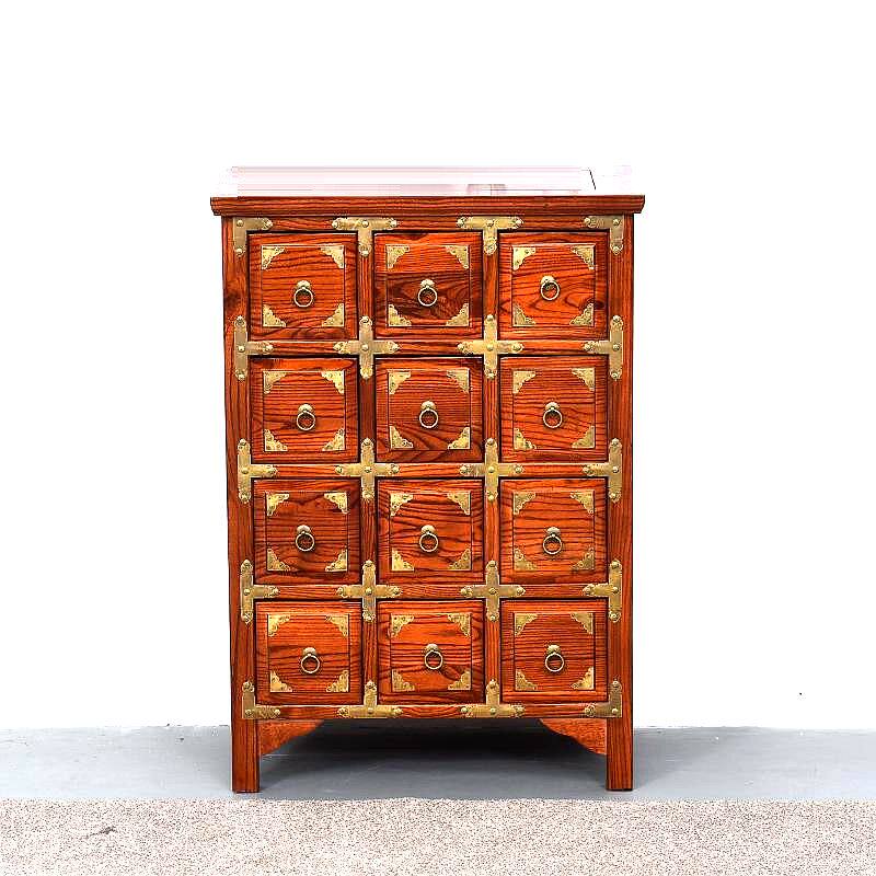Chinese Ming and Qing imitation classical medicine cabinet flower tea antique red pear solid wood elm furniture 12 twelve drawers chest of drawers