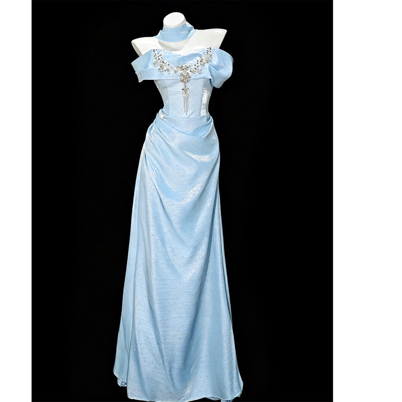 Stunning Evening Dress for Women, Blue Off-Shoulder, High-End, Elaborate, Engagement Princess Dress, Coming-Of-Age Ceremony, Birthday Banquet Host Stunning Evening Dress for Women, Blue Off-Shoulder, High-End, Elaborate, Engagement Princess Dress, Coming-Of-Age Ceremony, Birthday Banquet Host