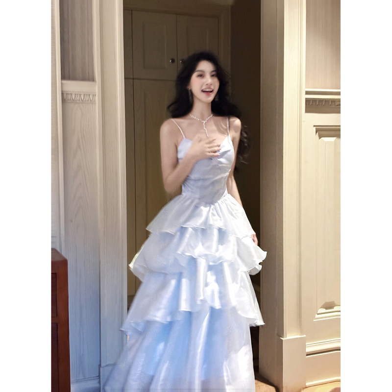 Stunning Blue Spaghetti Strap Evening Dress for Women, Elegant and Luxurious, Suitable for Banquets, Student Birthday Parties, Coming-Of-Age Ceremonies, and Talent Shows, Princess Dress