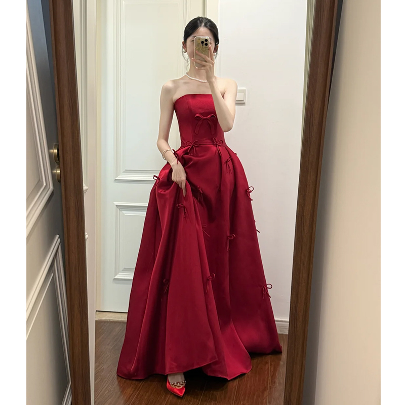 Red Strapless Evening Dress for Female Students, Coming-Of-Age Ceremony, Annual Meeting, Art Exam, Host, Toast Dress, Bride, Engagement, Morning Gown