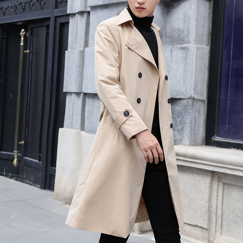 Autumn men's Korean version of the long knee trench coat youth British style loose long men's coat Casual coat