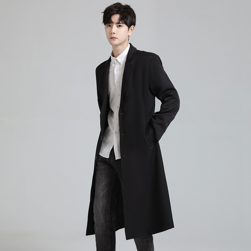 New Autumn Men's Mid-Length Suit Collar Slim Trench Coat Men's Korean Style Casual Long Over-The-Knee Coat Jacket