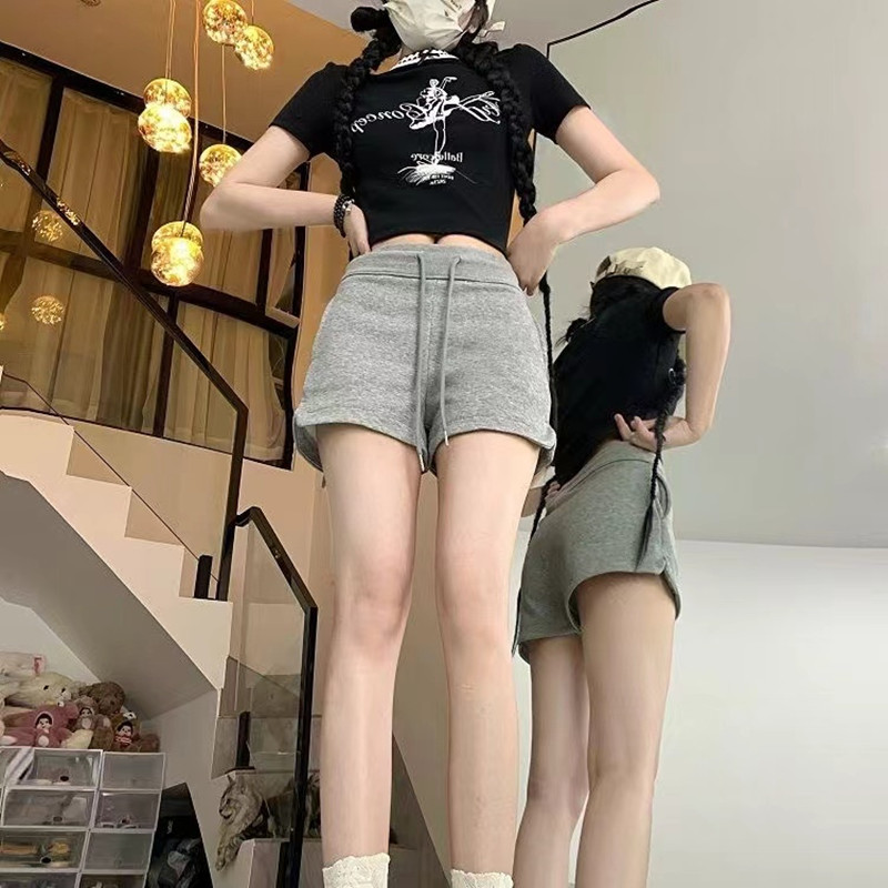 Plus Size American Style Hot Girl Gray Sports Shorts Straight Casual Pants Women's Elastic Waist Wide Leg Pants Drawstring Shorts