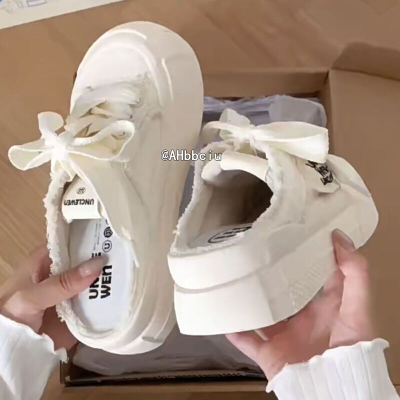 Hot Jia Baotou Half-Slippers Women's Canvas Shoes 2025 New Thick-Soled Round-Toe Breathable Casual Sneakers Large-Toe White Shoes