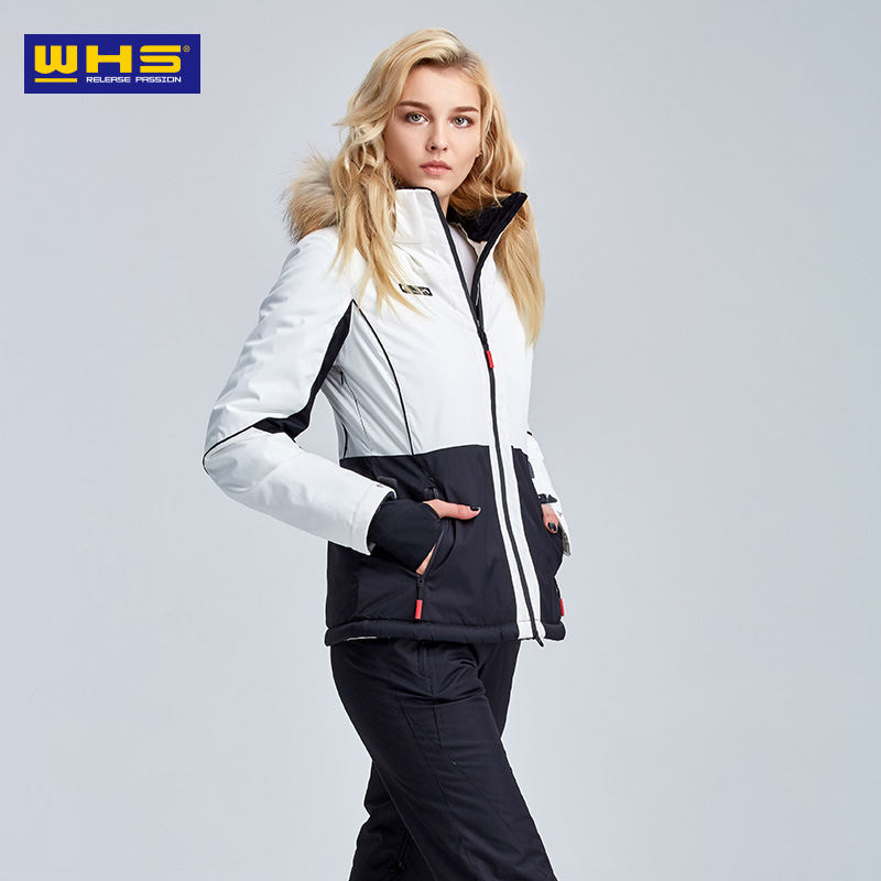 WHS Wohe Sen Winter women's fashion single and double board ski suit warm wool collar slim waterproof thickened jacket jacket