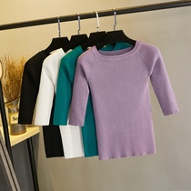 Spring new one-shoulder knitted base shirt seven-point sleeve big round neck green Joker slim slim top womens clothing