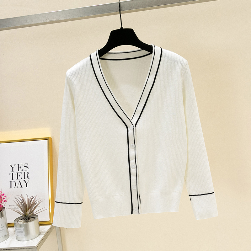 Dệt kim mùa xuân và mùa thu nữ cardigan của ngắn dài tay v-cổ áo len áo khoác Hàn Quốc phiên bản lỏng lẻo thời trang bên ngoài hố-dải edilated áo len