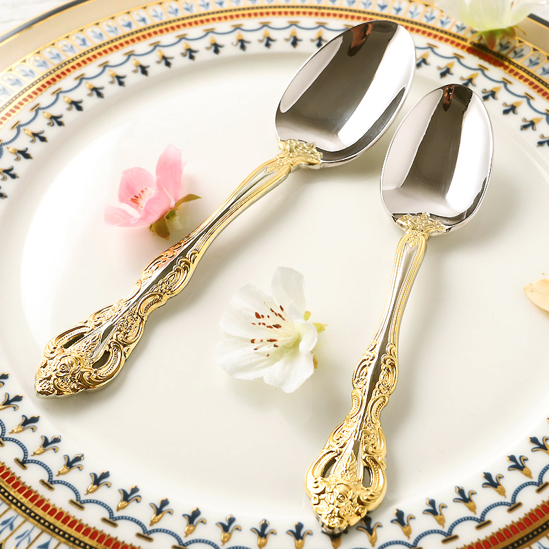 Golden Creative Meal Spoon Eu Style Western Meal Cute Knife Fork Home Cutlery Mesh Red Dinner Small Spoon 304 Stainless Steel