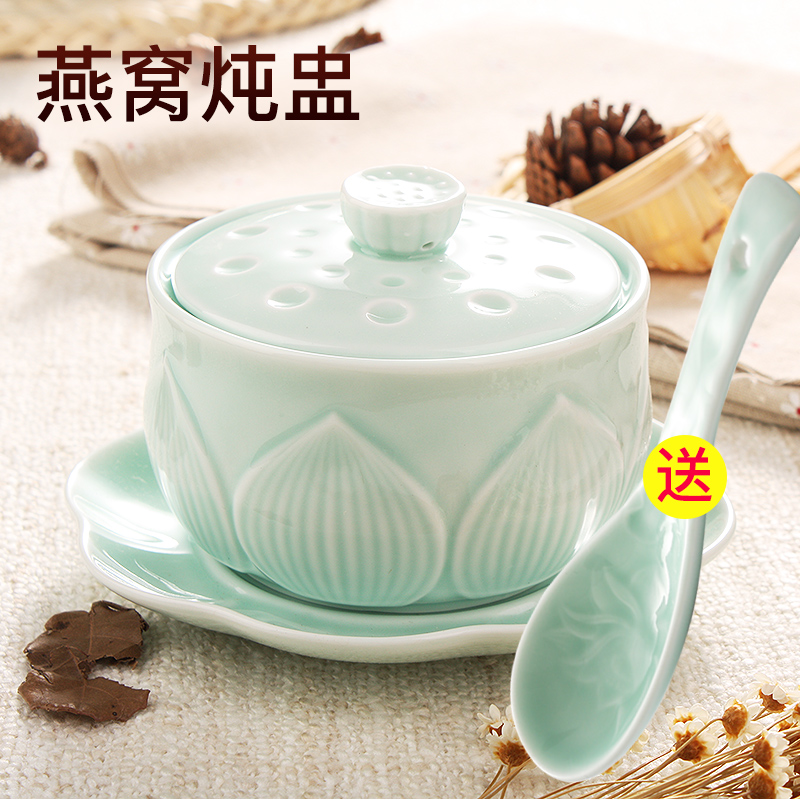 Green Porcelain Lotus home ceramic water-stop saucepan with lid saucepan steamed egg bowl Buddha Jumping Wall Soup Flush Liner Small Stew