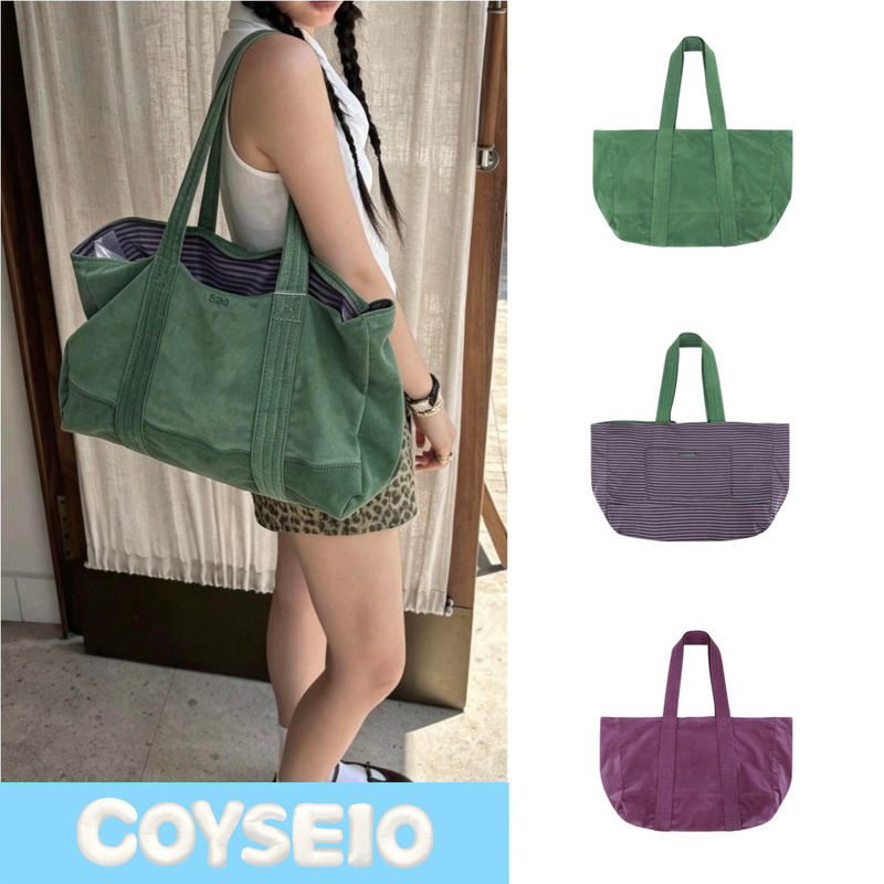 In Stock】Authentic Korean Coyseio Striped Canvas Tote Bag, Large Capacity, Reversible, Commuter Shoulder Bag for Women