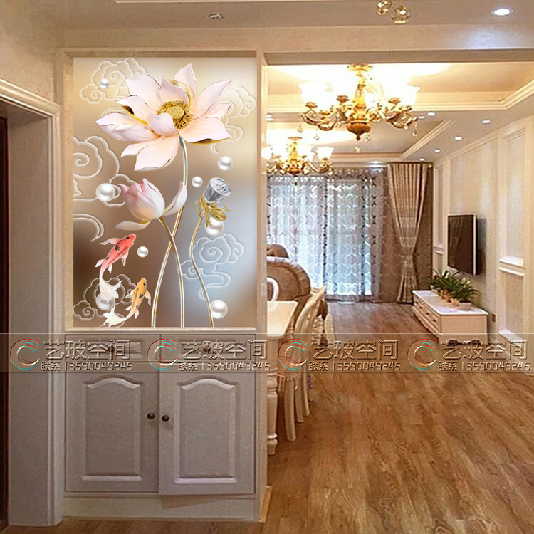 Modern art glass living room partition screen entrance shoe cabinet porch double-sided frosted process background wall lotus