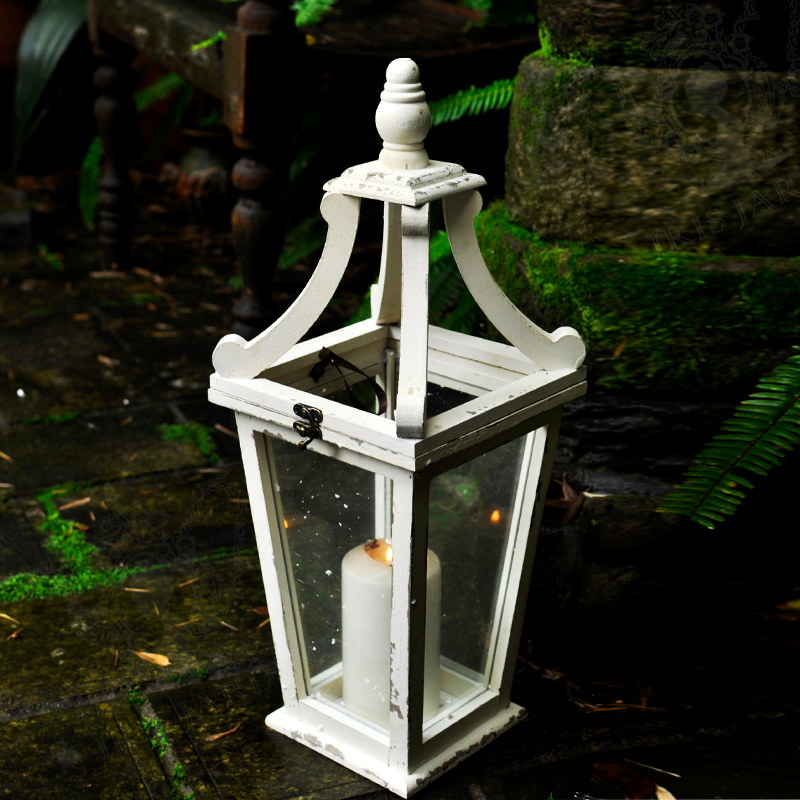 Countryside Retro Wind Light Decoration Solid Wood Candle Holder Glass Art Pendulum-style Nostalgic Lantern Garden Courtyard