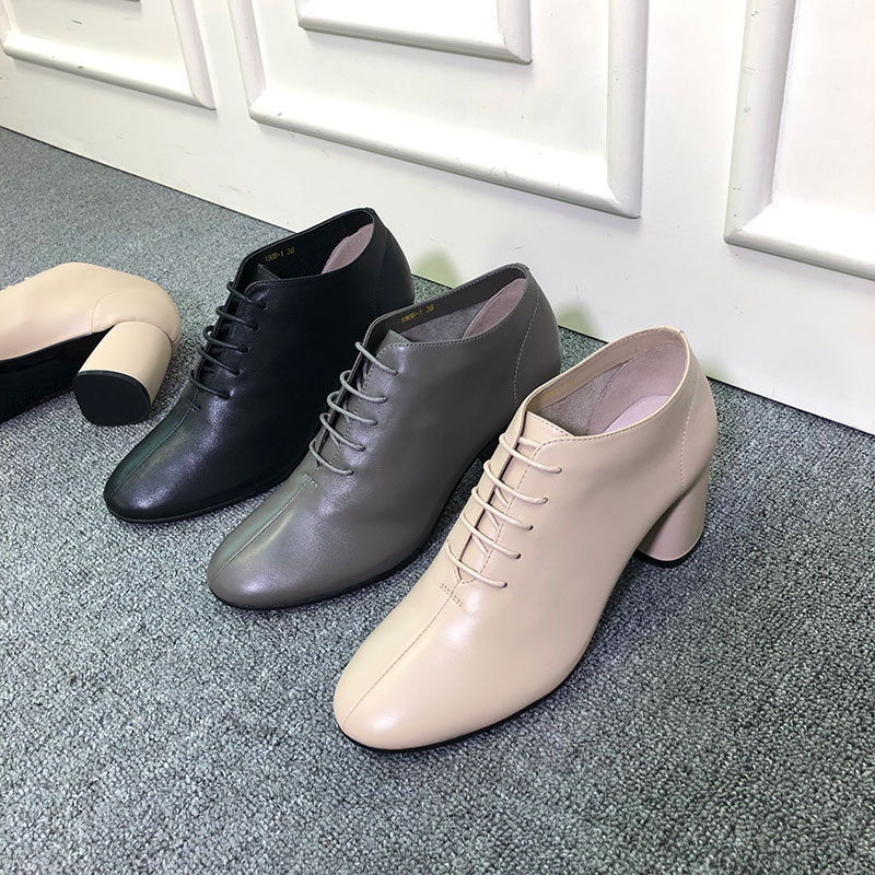 Soft leather thick-heeled shoes women's autumn and winter lace-up ankle boots deep mouth grandma shoes round toe leather retro high-heeled plus velvet nude boots