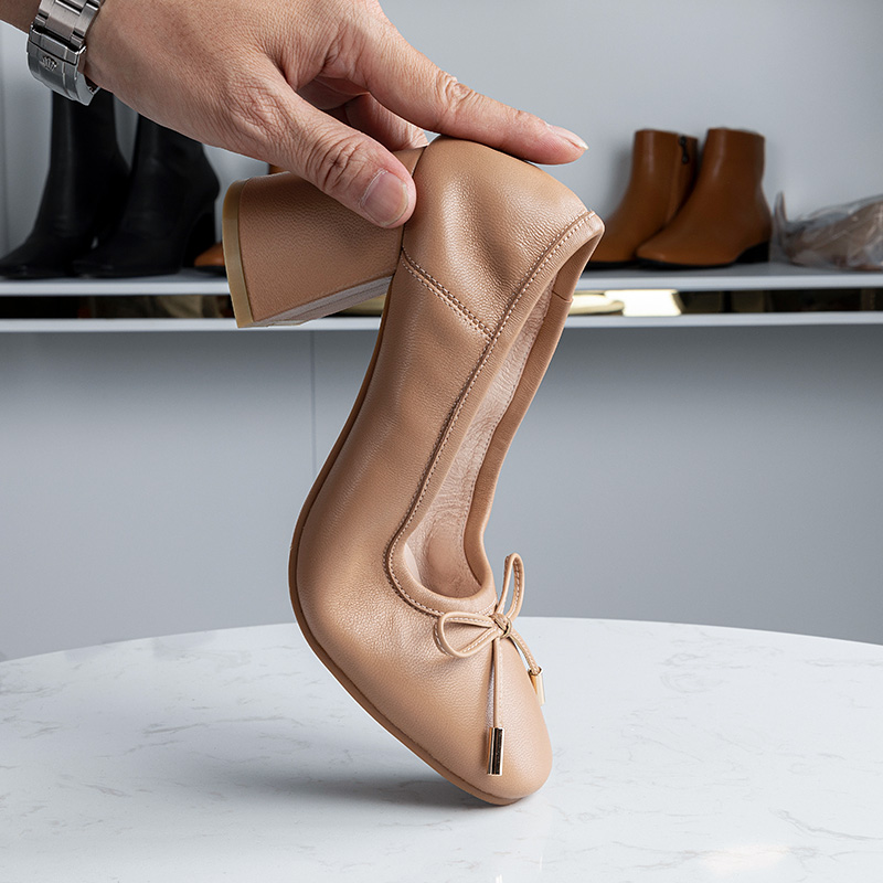 6 5cm SOFT LEATHER WOMEN'S SINGLE SHOES SPRING COARSE HEEL GOAT LEATHER LIGHT MOUTH SQUARE HEAD HIGH HEEL BUTTERFLY KNOT LITTLE CODE GENUINE LEATHER GRANDMA SHOES
