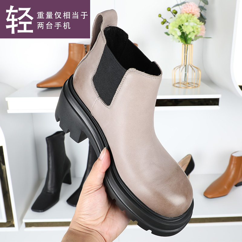 Autumn and winter retro round toe Martin boots thick-soled leather chimney boots Chelsea short boots women's muffin bottom bare boots in the heel