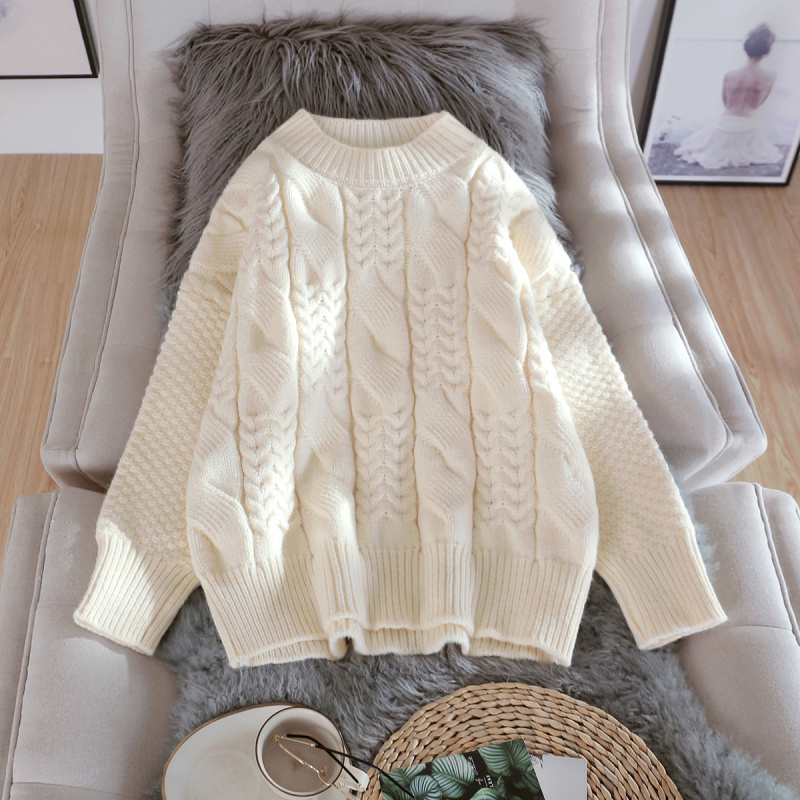 Round Neck Sweater for Women, Pullover, Thickened for Autumn and Winter, New Style, Loose and Lazy Style, Cable Knit Top, Base Layer Knitwear Round Neck Sweater for Women, Pullover, Thickened for Autumn and Winter, New Style, Loose and Lazy Style, Cable Knit Top, Base Layer Knitwear