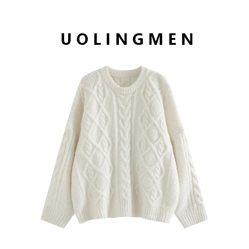 Numb sweater women's autumn and winter soft glutinous glutinous 100 hitch cream white round collar loose sleeves Lazy Wind Outside to wear a knitted sweatshirt-Taobao