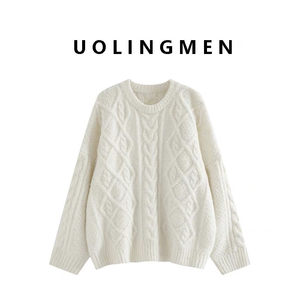Twist Sweater for Women, Autumn and Winter, Soft and Versatile, Off-White, Round Neck, Loose Pullover, Lazy Style, Outerwear Knitwear