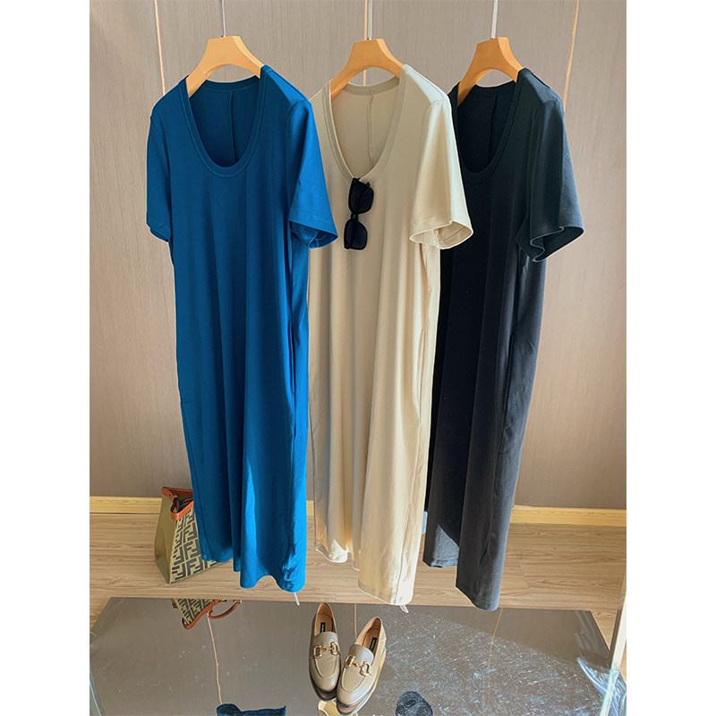 Recommended goddess skirt~hide meat slim U collar cross lazy dress leisure loose tube long-edition dress woman