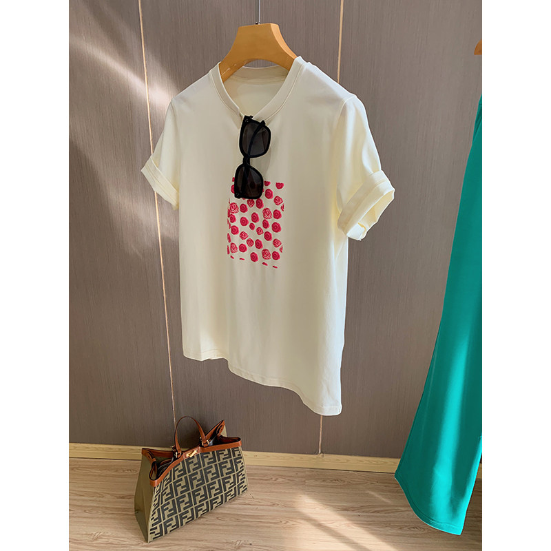 Spring Warm Flowers Open ~ Flocking Gradually Rose Design Feeling Round Collar Warm Color Ensemble Head Lady Short Sleeve T-shirt Summer