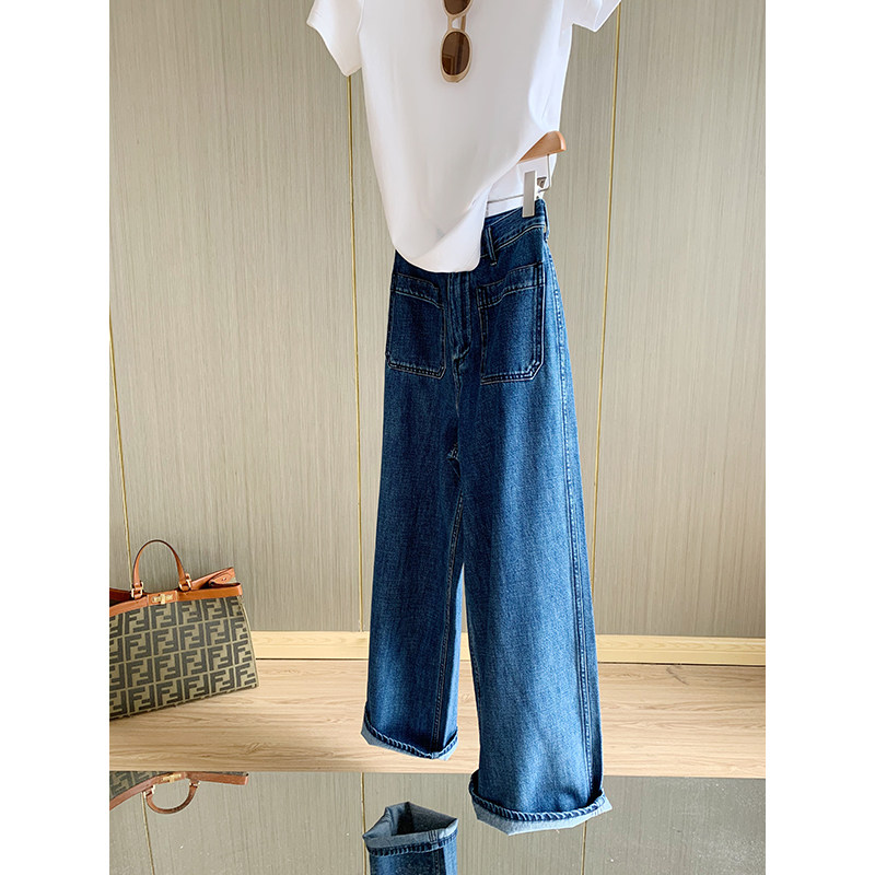 Fa-style retro ~ minimalist large pocket high waist large loose casual straight cylinder Old daddy jeans Women's long version of the new