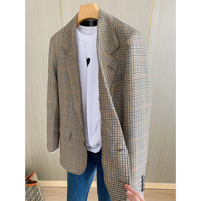 CE Autumn winter exploits stars in the same section ~ Thousand Bird lattice Fine Stripes Loose Wool Suit Women Coat 21 New