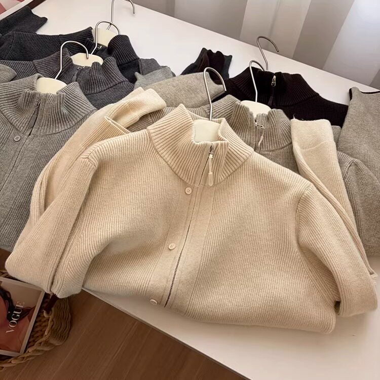 Autumn and Winter Elegant Stand-Up Collar Double Zipper Ribbed Sweater for Women, Versatile Solid Color Warm Knitted Cardigan Jacket Autumn and Winter Elegant Stand-Up Collar Double Zipper Ribbed Sweater for Women, Versatile Solid Color Warm Knitted Cardigan Jacket