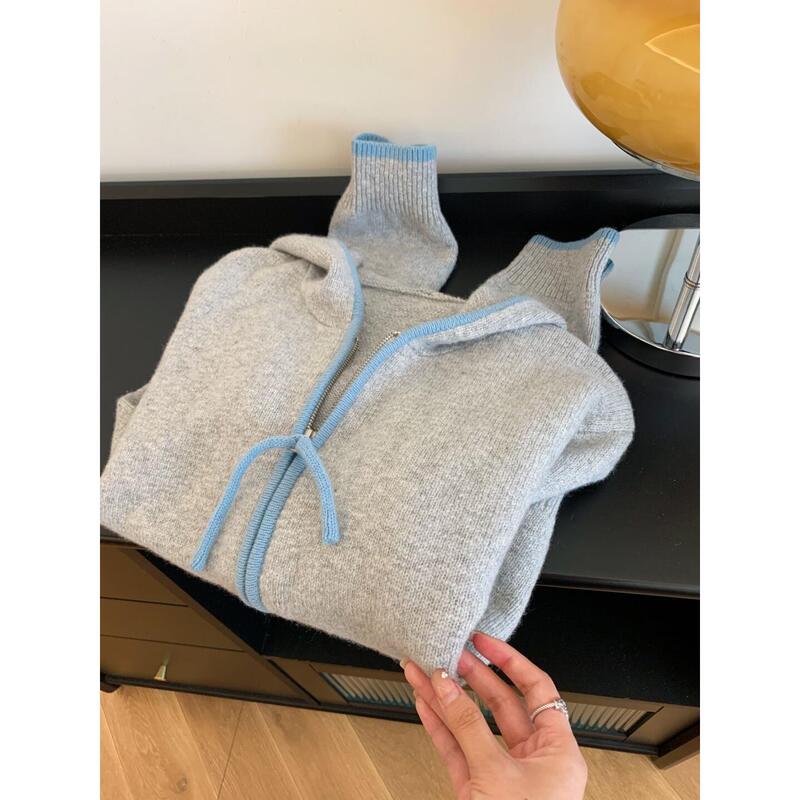 Korean-Style Lazy Vibe Gray-Blue Color-Blocking Hooded Sweater Coat for Women, Autumn and Winter, Ins High-End Feel, Loose Knitwear