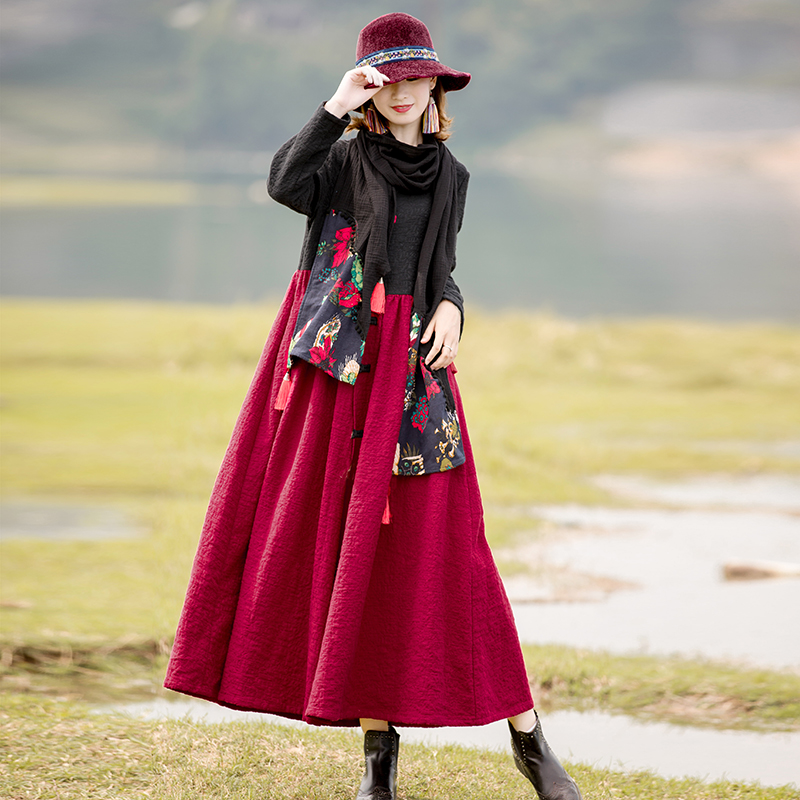 Yingying as a national wind women's clothing thickened linen medium long version of the autumn and winter splicing color two wearing loose coat women