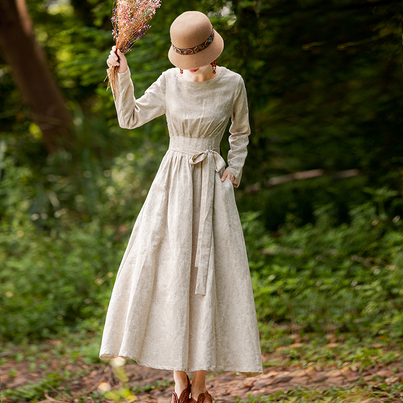 Yingying, such as ethnic wind and autumn, cotton linen dress literature and art Fan retro first autumn long skirt woman over knee display slim and high temperament