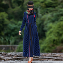 (The second piece 1 yuan) Ying Ruyi National style striped dress literary womens autumn and winter temperament long skirt