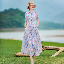 (The second piece 1 yuan) Ying Rui original ethnic style pure Ramie floral dress with waist slim dress
