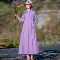 (The second piece 1 yuan) Ying Rui original ethnic cotton dress womens spring dress retro thin plaid long dress