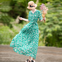 Ying as ethnic style pure Ramie dress summer literary vintage women slim slim color printed long skirt