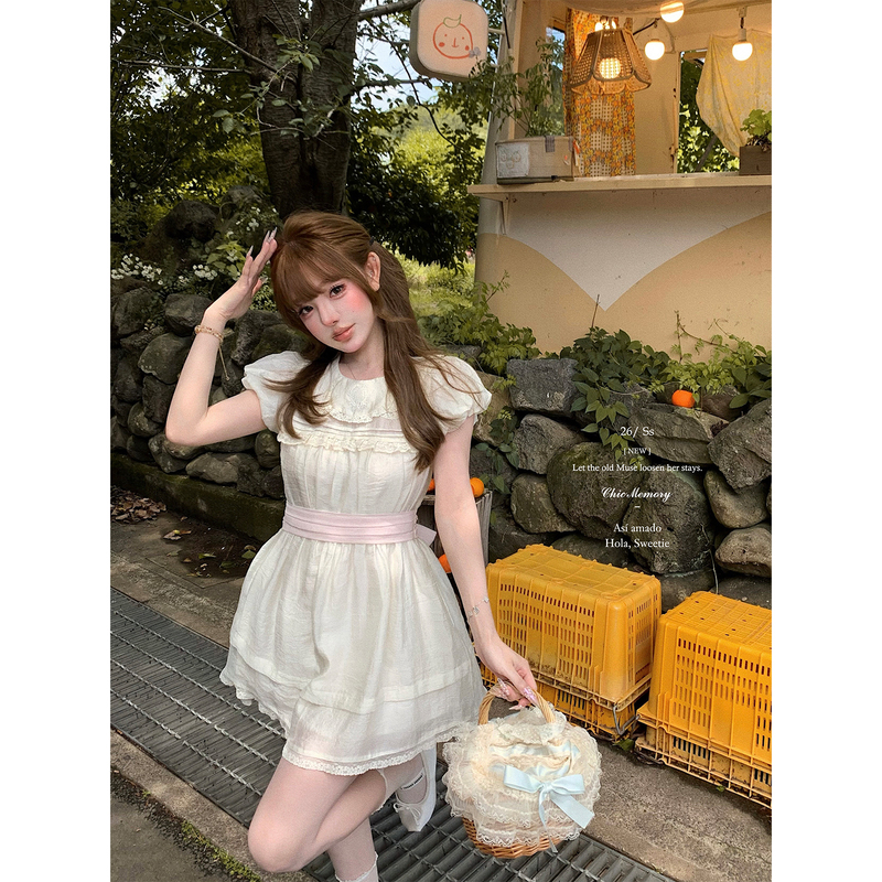 Chic Me「Anne with an E」Antique Aesthetic Doll-Style Embroidered Collar Waist-Cinching Dress for Women Summer