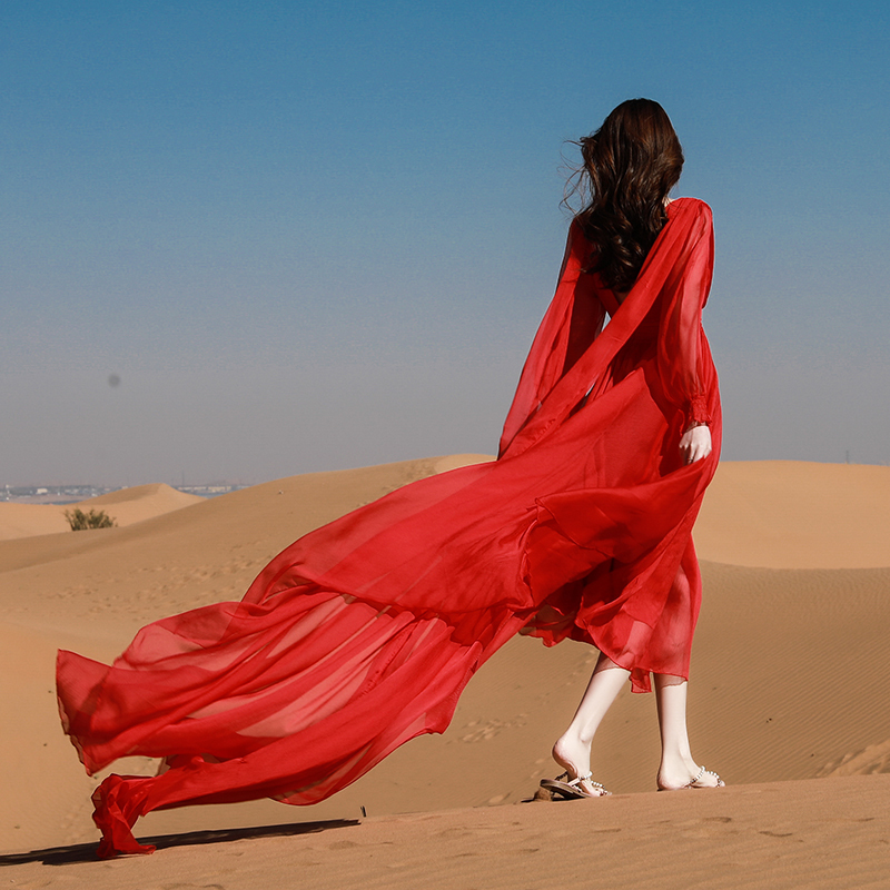 Qinghai Lake Beach Dress, Super Fairy-Like Seaside Vacation Dress, Red Long Dress with a Large Train, Desert Long Dress, Backless Photo Shoot Dress