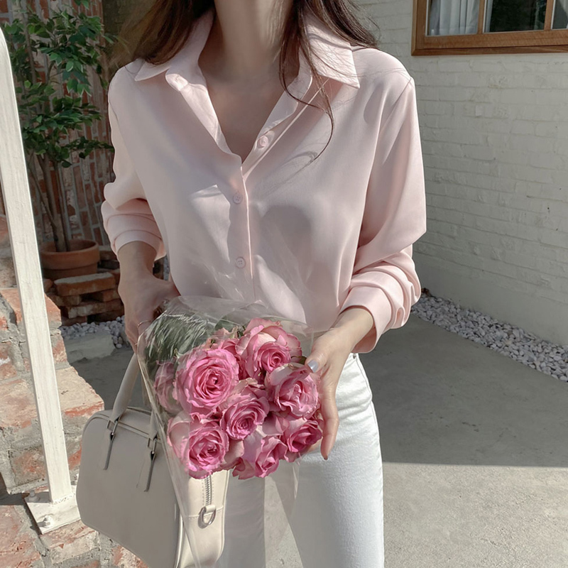 Chiffon Shirt for Women, New Spring/Summer Style, Solid Color, Smooth and Drapey, Light Pink Shirt Top, Stylish Sun Protection Base Shirt, Trendy Chiffon Shirt for Women, New Spring/Summer Style, Solid Color, Smooth and Drapey, Light Pink Shirt Top, Stylish Sun Protection Base Shirt, Trendy