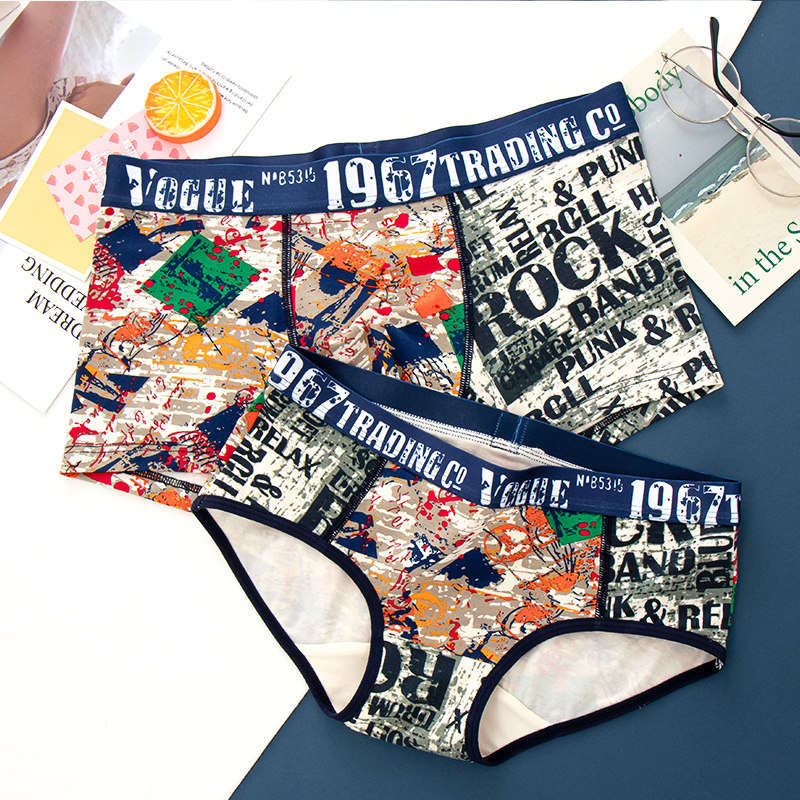 Creative Graffiti Lovers Briefs pure cotton suit Couple with trendy personality Large size size double middle waist breathable four-corner pants