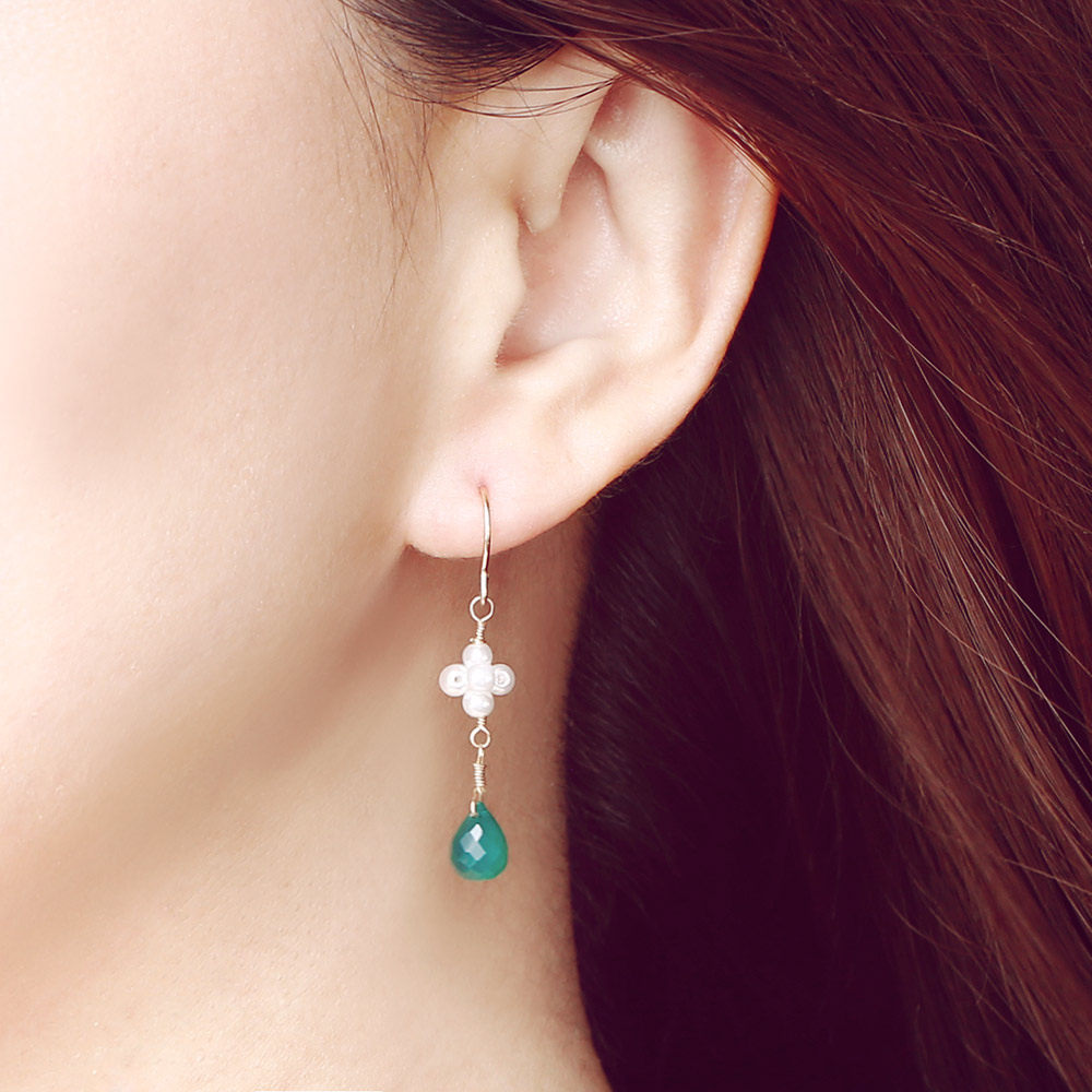 Hand Workshop natural green jade medullary powder crystal freshwater pearl flower ball anti-allergy female earrings earrings-Taobao