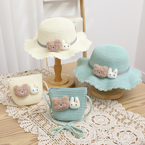 Bear Rabbit Childrens Straw Hat Bag Set Womens Summer Small Fresh Beach Sun Hat Outdoor Sun Protection Hat Parent-Child Hat