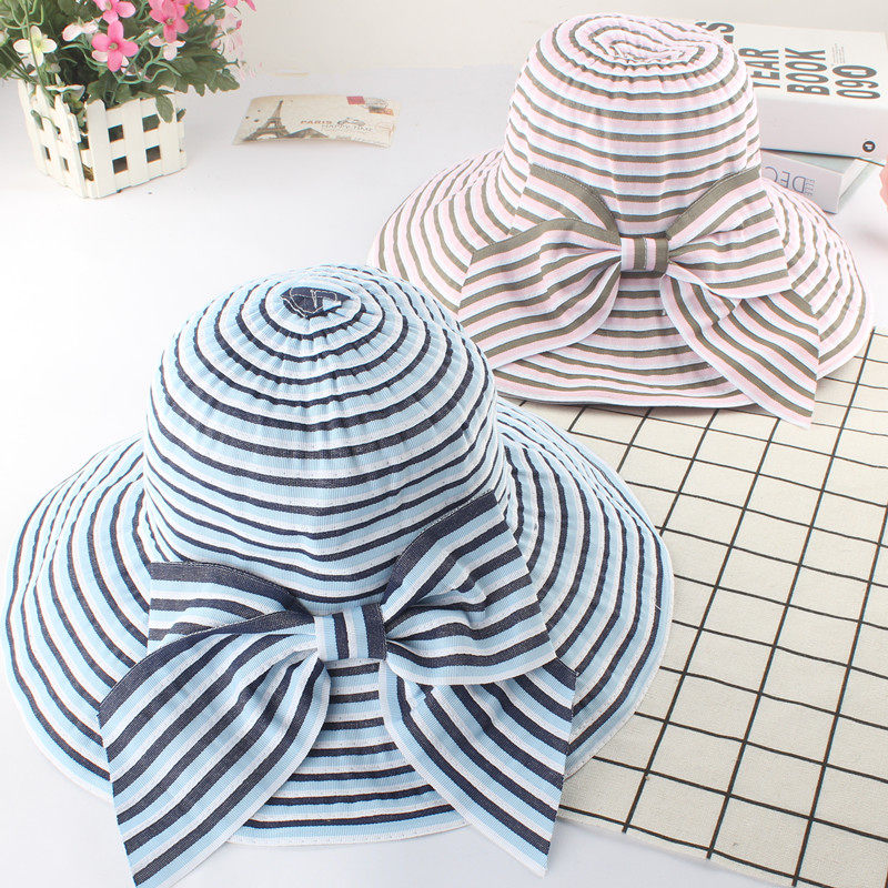 新遮阳帽女夏天可折叠帽子潮出游度假条纹大蝴蝶结布帽宽檐太阳帽详情3