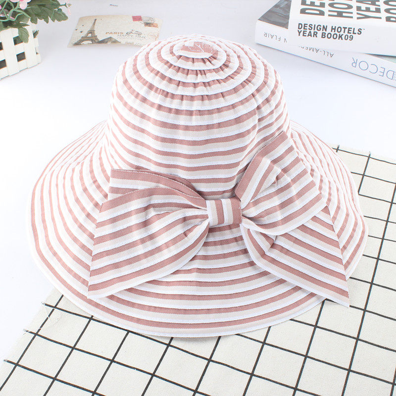 新遮阳帽女夏天可折叠帽子潮出游度假条纹大蝴蝶结布帽宽檐太阳帽详情10