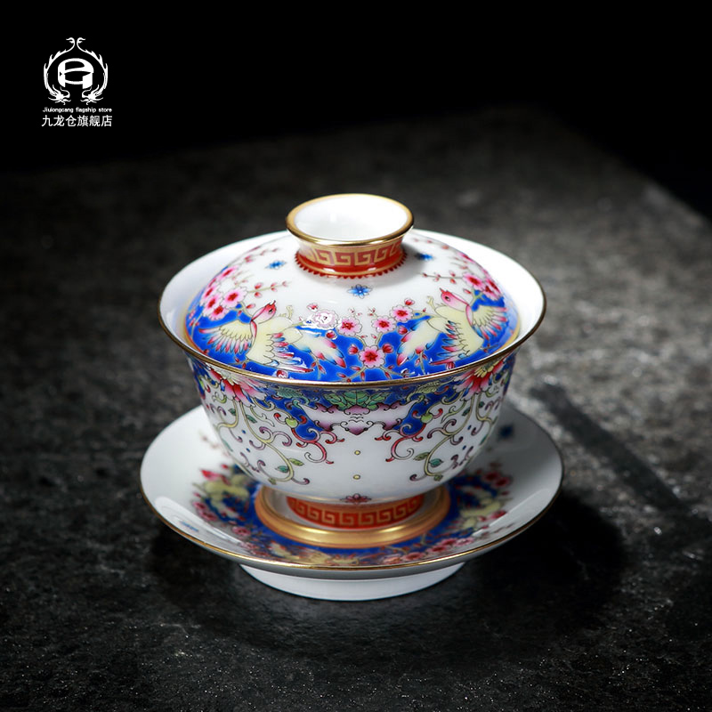 DH jingdezhen colored enamel tureen ceramic cups hand - made three bowl of tea set gift home tea bowl