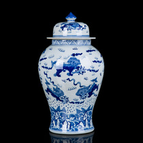 Lion rolling hydrangea general Jar jars Jingdezhen ceramic ornaments home accessories hand-painted blue and white porcelain bottle storage jar